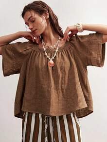 Bohemela Casual Solid Color Woven Loose Fit Women's Shirt - Brown - View 8