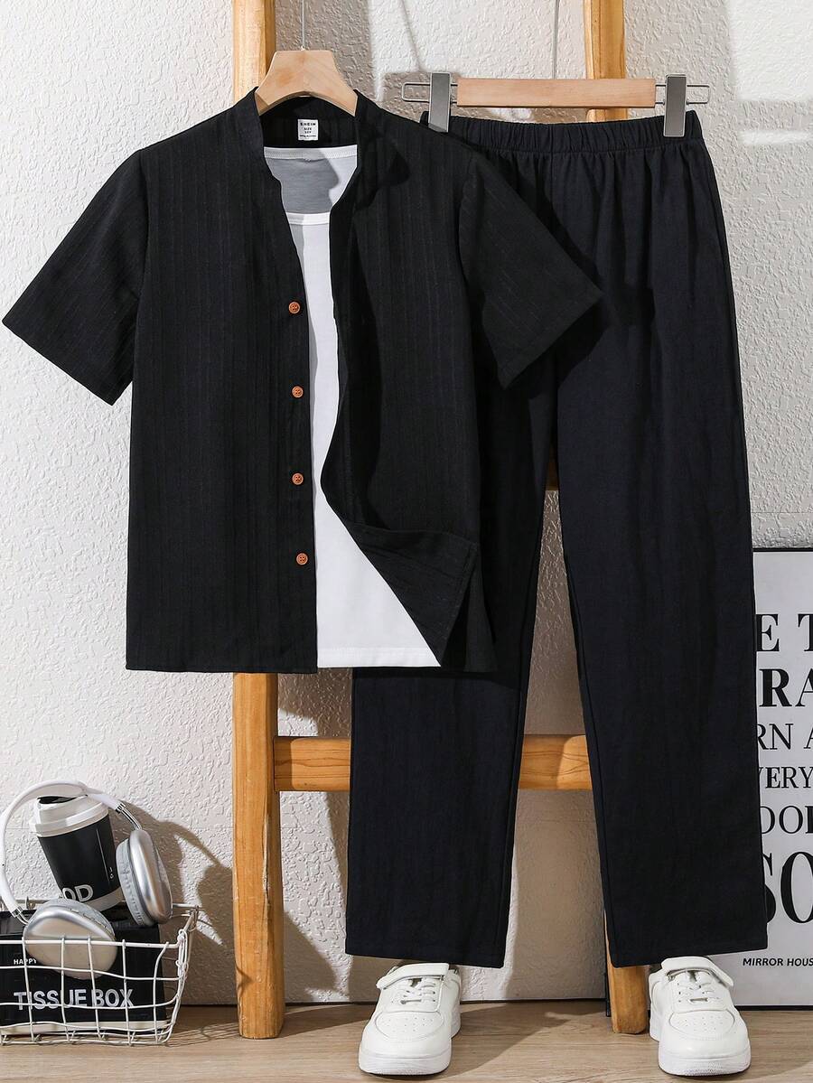 SHEIN 2件組兒童青少年男童休閒日常舒適立領鈕扣式寬鬆短袖襯衫直筒寬鬆長褲梭織兩件套，休閒學院風，舒適時尚，簡約實用，百搭柔軟面料，適合日常穿著、上學、旅行、戶外運動，適用於春、夏、秋、冬四季