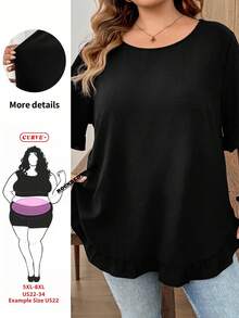 SHEIN CURVE+ 大尺碼女款春夏時尚休閒寬鬆舒適涼爽日常修身荷葉邊短袖黑色襯衫，可愛曲線上衣，女款襯衫，夏季穿搭，外出上衣，歐洲夏季，極簡風格 - 黑色 - 查看 7