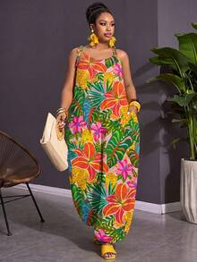 Slaydiva Casual Tropical Rainforest Leaf Print Plus Size Women's Apricot Camisole Jumpsuit Suitable For Spring And Summer - Multicolor - View 13