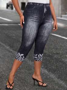 EMERY ROSE Conjuntos de verano con leggings de efecto denim y estampado floral talla grande - Azul Marino - Ver 4