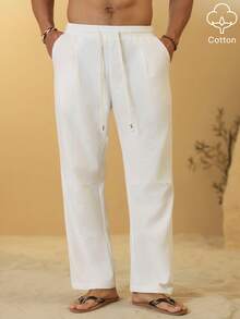 Palmeraft Plus Size Men's Drawstring Waist Solid Color Casual Versatile Daily Travel Pants, Holiday Vacation Holiday White Autumn - White - View 5