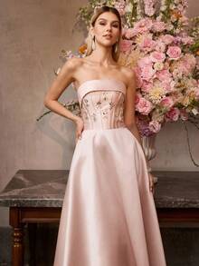MOTF PREMIUM ELEGANT STRAPLESS ANKLE-LENGTH A-LINE SATIN PARTY DRESS WITH FLORAL RHINESTONE, CINCHED WAIST, CRISSCROSS BACK STRAPS – ELEGANT LUXURIOUS STYLE - Pink - View 7