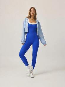 Aralina Pakaian Santai Aktif Warna Pastel Pink Bodycon Shapewear Jumpsuit Aktif - Biru - View 3