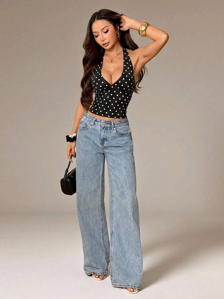 SHEIN PETITE 夏季白色波點印花極簡休閒掛脖上衣,適合早午餐、外出、約會、通勤休閒、Ibiza風格 - 黑色 - 查看 1