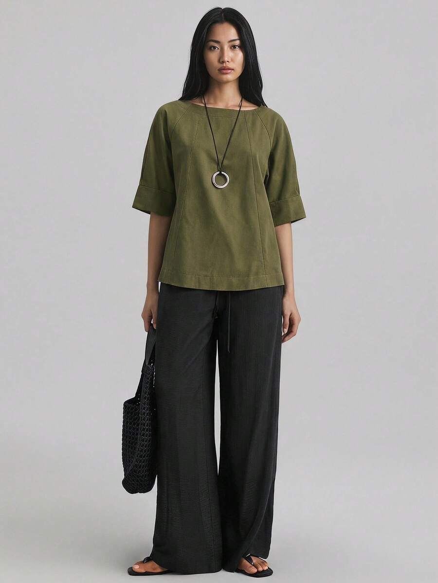 Ontre 女款聖約翰節海灘套裝,度假穿搭,鄉村風,鄉村音樂節,2026年秋季新品女款過渡開學穿搭,2000年代鄉村風女裝,女款辦公商務休閒套裝,約會之夜,外出,機場,派對套裝,夏季素色圓領插肩袖休閒襯衫 - 軍綠色 - 查看 1