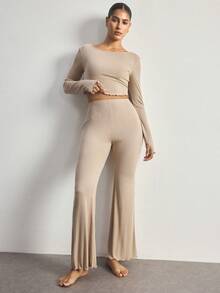 Ocili Women's Solid Color Long Sleeve T-Shirt And Flare Pants Casual Pajama Set - Khaki - View 2