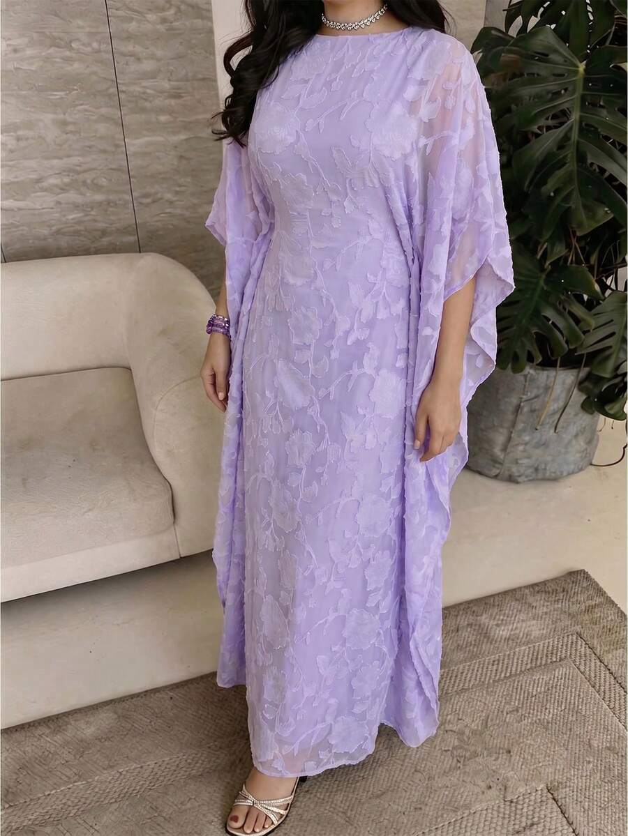 Yasmyna 女士宽松镂空圆领阿拉伯传统长裙 - 紫色 - 查看 1