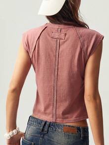 Bohemela 1pc Women's Solid Color Knit Crew Neck Fitted Washed T-Shirt - Red - View 2