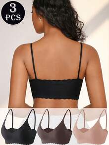 SHEIN Women's Solid Color Seamless Scalloped Edge Bra (3-Piece Set) - Multicolor - View 2
