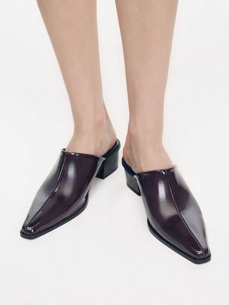 Mnmlis New European And American Patent Leather Pointed Toe Mules Shoes Women, Thick Heel Outside Slippers, Workplace Commuting Versatile Low Vamp Shoes Fall Shoes - Coffee Brown - View 1