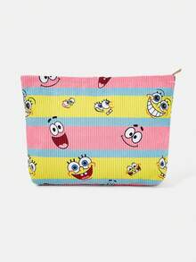 SpongeBob SquarePants | SHEIN 1個卡通印花燈芯絨拉鍊化妝包，輕巧多功能內襯化妝收納袋 - 條紋 - 查看 5