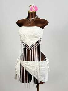 SHEIN French Vacation Style Tassel Patchwork Design Fitted Cropped Top - Apricot - View 6