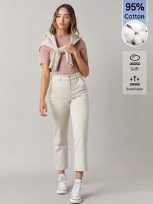SHEIN BASICS 女款素色圓領修身顯瘦日常百搭短袖T恤 - 淺粉色 - 查看 7