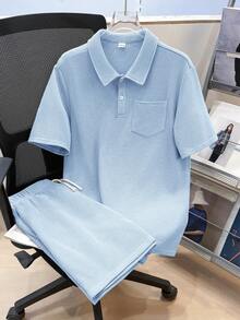 SHEIN 2件/套 青少年男童寬鬆版型素色翻領短袖 Polo 衫與短褲套裝，適合學校穿著 - 淺藍色 - 查看 3