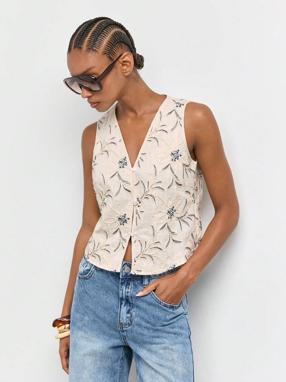 SHEIN Maija Summer Women's V-Neck Sleeveless Open Front Embroidered Fabric Blue And White Striped Vacation Casual Elegant Comfortable Top Vacation