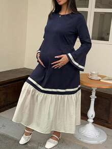 DAZY Color Block Patchwork Small Round Neck Casual Loose Short Sleeve Long Maternity Dress For Girls, Spring/Summer - Navy Blue - View 5