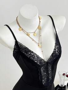 Elamini Spring Summer Autumn Fashion Sexy Avant-Garde Commuter Black Knit Lace Patchwork Low Cut Camisole Off-Shoulder Backless Slim Fit Waist-Cinched Short Jumpsuit For Women - Black - View 5