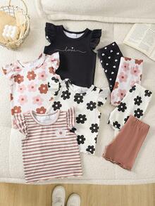 SHEIN Playful Pals 女童夏季甜美花卉荷葉袖套裝，多色可選，荷葉邊印花T恤＋短褲兩件套，親膚韓系嬰幼兒女童服飾 - 棕色 - 查看 3