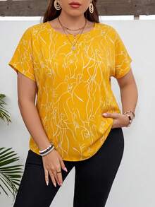 SHEIN LUNE Plus Size Artistic Line Drawing Round Neck Pullover Shirt - Yellow - View 5