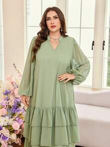 Al Najma Gaun Arab Wanita Ukuran Besar, Lengan Lentera, Longgar, Berkerut, Bahan Chiffon, Elegan, Romantis, Warna Polos, Musim Semi/Panas - Hijau - View 7