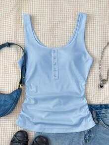 SHEIN Top de tirantes blanco básico con puntos y textura acanalada para adolescentes, con botón de metal, estilo casual versátil, cuello en U profundo y espalda nadadora - Azul - Ver 7