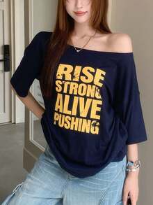 K-Vae Women's Navy Blue Asymmetrical Shoulder Short Sleeve T-Shirt, Contrast Color Letter Print, Loose Fit Flattering Top Daytime Summer Street Wear - Navy Blue - View 3