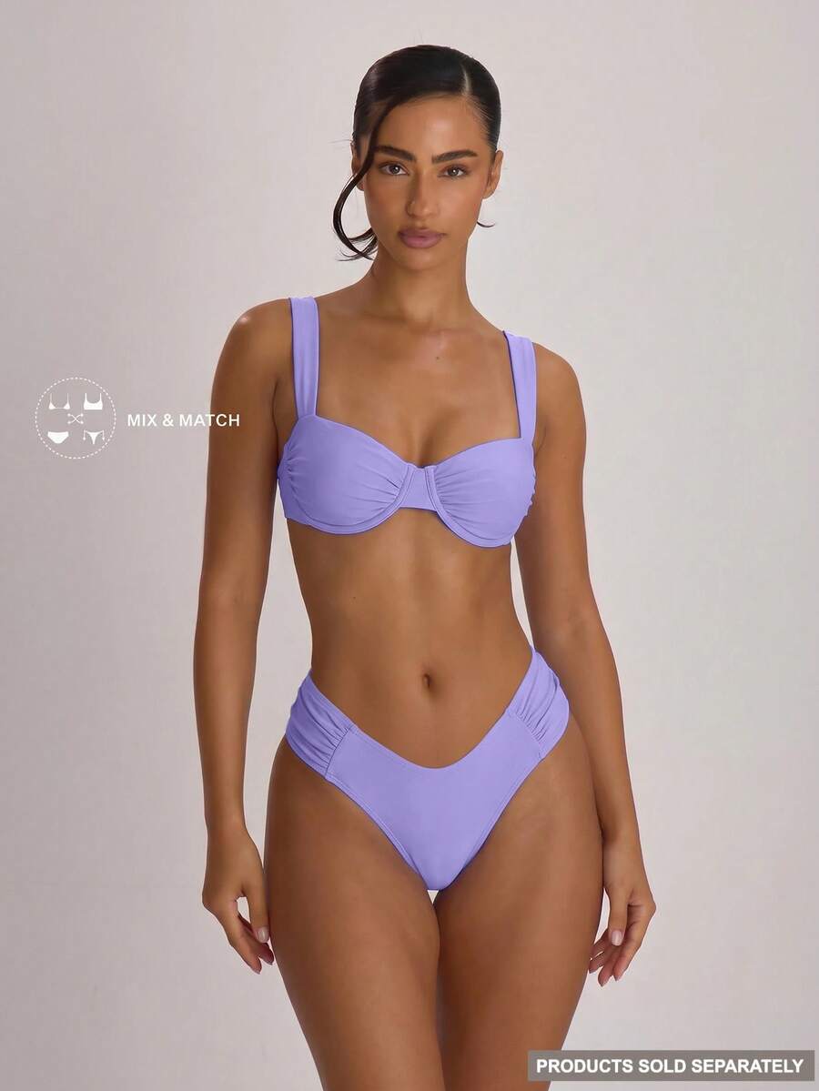 Musera Resort Underwire Thick Shoulder Ruched Cup Bikini Top Swim Vacation Holiday Summer Travel Beachwear Basics Solid Colour Swimwear Resort Core - Lilac Purple - View 1