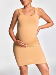 SHAPORA Maternity Solid Color Sleeveless Casual Jumpsuit Romper - Apricot - View 3