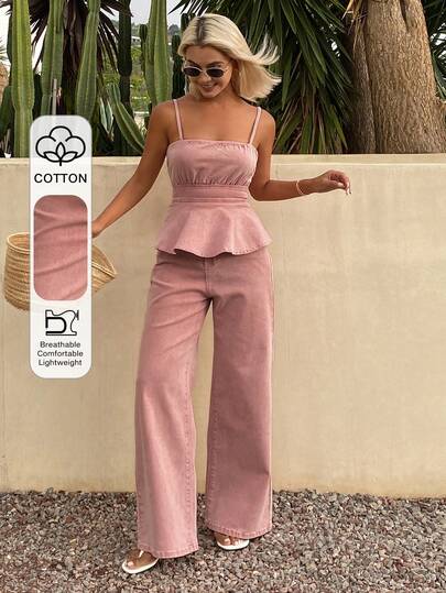 DAZY Women's Vacation Style Ruffle Denim Camisole Top And Casual Denim Pocket Pants 2-Piece Set, Vacation Style Light Pink Summer Outfit