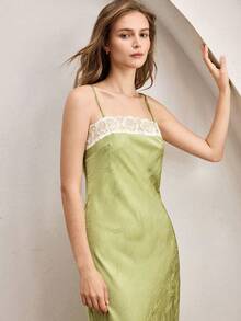 Ocili Bohemian Jacquard Satin Lace Minimalist V-Neck Sleeveless Long Nightgown, Comfortable Sleepwear For Women - Green - View 7