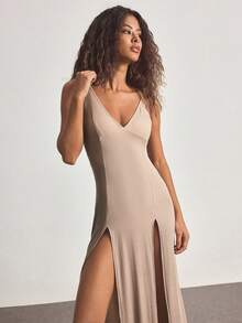 Ocili Spaghetti Strap Dress With Side Slit, Comfortable Rib Knit Loungewear Dress For Women - Khaki - View 6