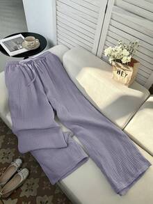Comfortcana Plus Size Women Casual Vacation & Commute Solid Color Textured Fabric Drawstring Waist Wide Leg Pants Fall - Mauve Purple - View 3