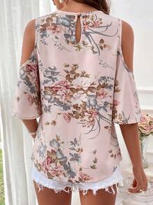 SHEIN VCAY 度假女款露肩花卉圖案時尚襯衫 - 淺粉色 - 查看 2