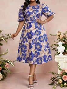 Fleurora Plus Size Elegant Blue Floral Jacquard Dress For Women,Beige Summer Wedding Guest Party Brocade Petal Puff Sleeve French Style Tea Dress - Multicolor - View 6