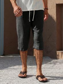 Genlund Men's Drawstring Waist Pockets Casual Solid Color Capri Cotton Pants Men Capri Short Drawstring Men Long Shorts Men Beach Pants Men Summer Pants Men Casual Shorts, Holiday Linen - Black - View 4