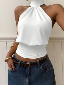 Muchica Women's Solid Color Halter Neck Casual Versatile Daily Outing Top - White - View 5