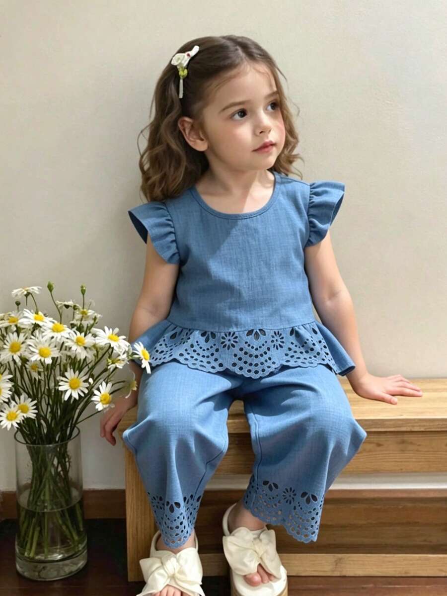 Elladie kids 女童紋理布料短袖後扣設計休閒長褲T恤套裝 2件組