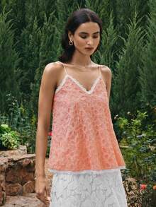 VOLUPTÉ CURVE Plus Size Spring/Summer Pink Floral Lace V-Neck Camisole Top With 3D Texture Ruffle Hem, Sweet Style For Vacation, Date, Birthday Party, Brunch - Dusty Pink - View 4