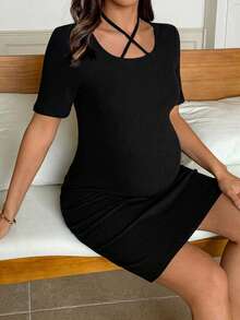 Dazy Maternity Robe de maternité d'été noire moulante sexy, mini-jupe en tricot côtelé de couleur unie, ajustée, haute élasticité, effet amincissant - Noir - Voir 3