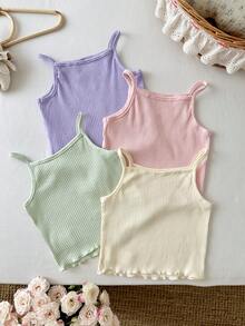 SHEIN 4pcs Young Girl Dopamine Cute Fruit Pattern Ribbed Fabric Tank Top Multi-Pack - Multicolor - View 2
