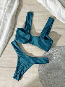 Swim Chiccia 女款夏季純色粗肩帶金屬飾件度假泳衣套裝 - 水鴨藍 - 查看 2