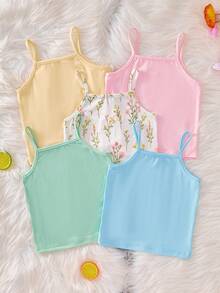 5pcs/Set Girls' Camisole Tank Tops, Rich Colors, Versatile, 4 Soft Macaron Colors - Light Yellow, Light Pink, Sky Blue, Mint Green, With Fresh Ditsy Floral Style In The Middle, Refreshing And Eye-Catching For Single Wear, Also Great For Layering, Suitable For Daily School, Outings, Etc., Practical And Versatile, Essential All-Match For Spring/Summer Wardrobe - Multicolor - View 2