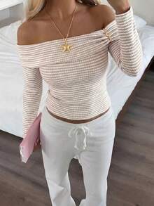 Aloruh Apricot Striped Knit Long Sleeve Fitted T-Shirt Top With Off-Shoulder - Apricot - View 4