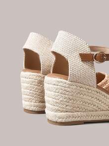 Styleloop Retro Casual Style Woven Wedge Sandals; Buckle Strap Daily Versatile Comfortable Sandals - Camel - View 5