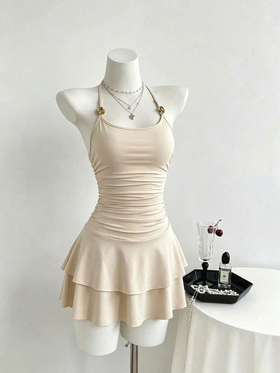 Elamini New Women's Summer Elegant Dress, Sexy Hot Girl Style Short Slimming Body-Hugging 3D Pleated Decor Button Strap Spaghetti Strap Dress, Asymmetrical Ruffle Design Cake Skirt, Suitable For Dating, Vacation Party, Gathering, Valentine's Day, Travel, Apricot - Apricot - View 1