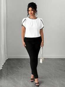 Elenzga Plus Size Women's Patchwork Round Neck Top With Ruffle Short Sleeves And Trim - Black and White - View 5