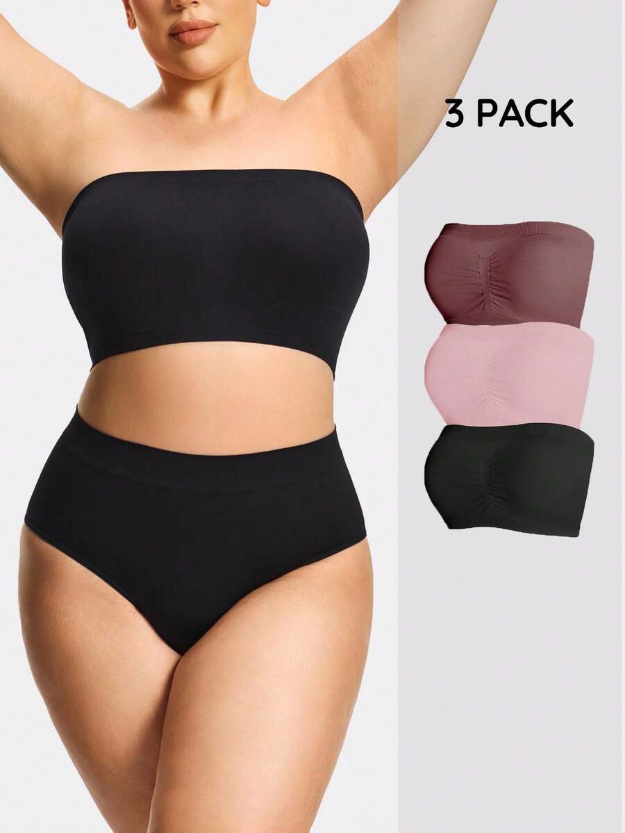 SHAPORA 2026 Hot Selling Women's Fashionable & Comfortable Minimalist Solid Color High Quality Seamless Plus Size Bandeau Bra 3 Pieces Set - Multicolor - View 1