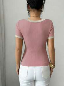 Elenzga Women's Summer Casual Daily Commute Ribbed Knit Contrast Trim Short Sleeve T-Shirt Date Pink And White - Pink - View 4