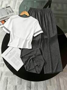 SHEIN 一件式短袖休閒偏移印花春夏季青少年女孩通勤套裝，運動休閒直筒褲，短袖輕便舒適兩件套 - 灰色 - 查看 2